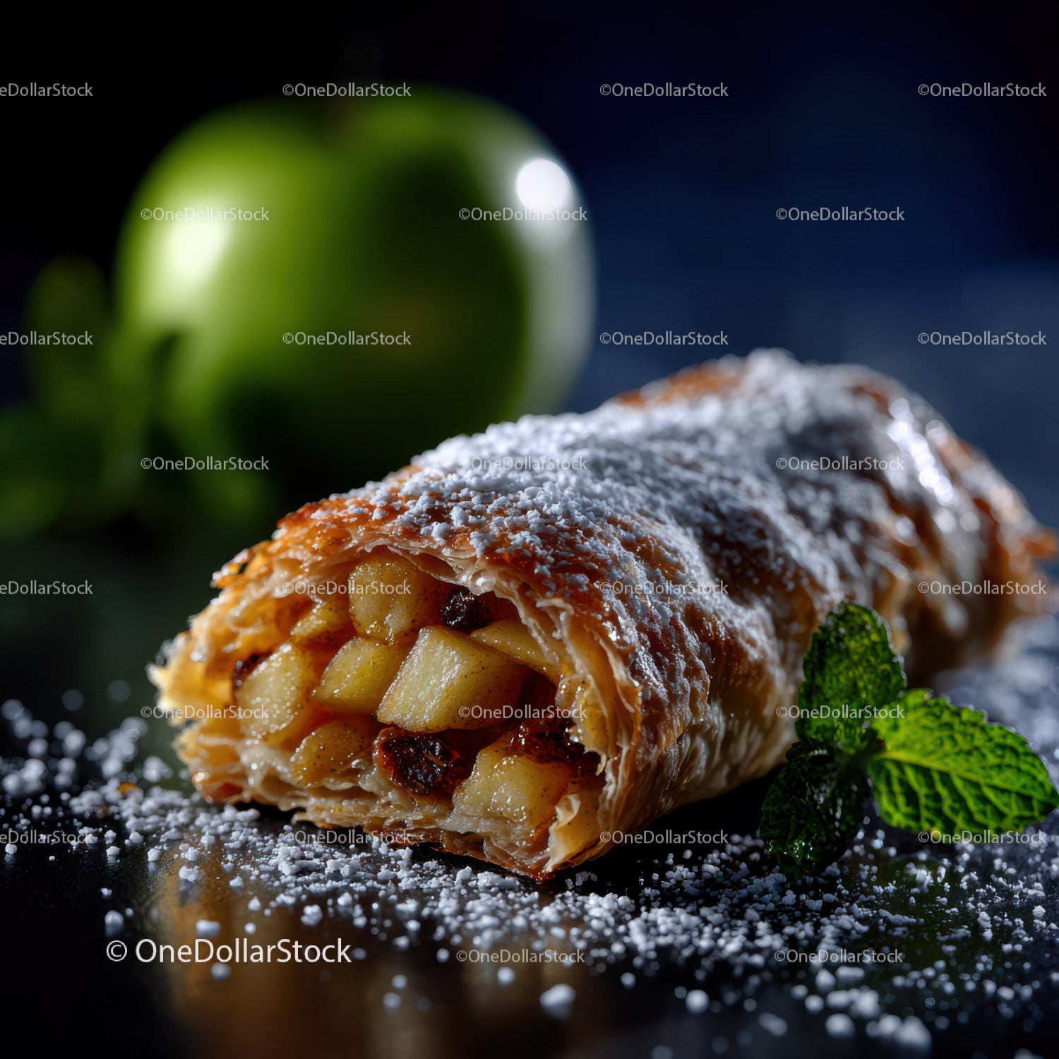Classic Apple Pie with Powdered Sugar and Fresh Mint