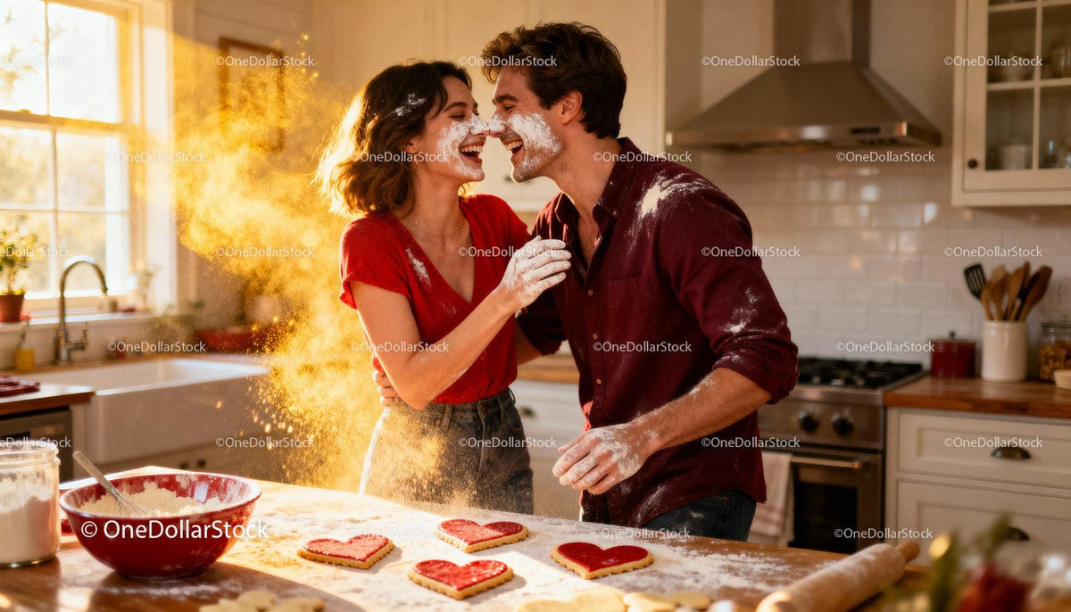 Couple Playfully Baking Heart Cookies in Cozy Kitchen