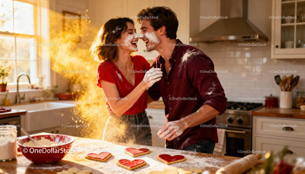 Couple Playfully Baking Heart Cookies in Cozy Kitchen