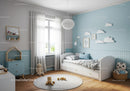 Bright Scandi Nursery with Cloud Wall Decor and Wooden Toys