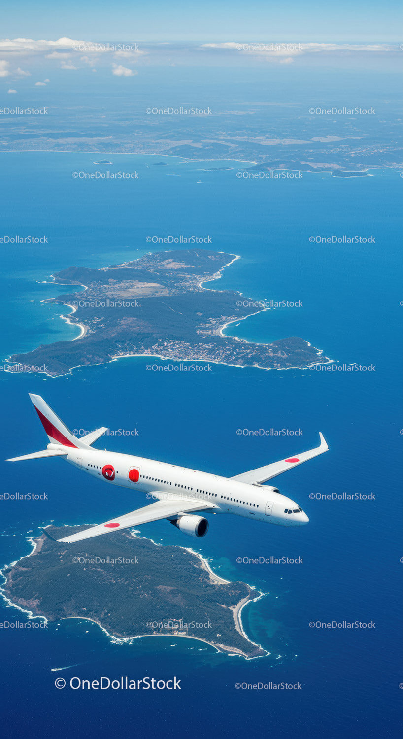 Aerial View of Island and Ocean with Airplane in Sky