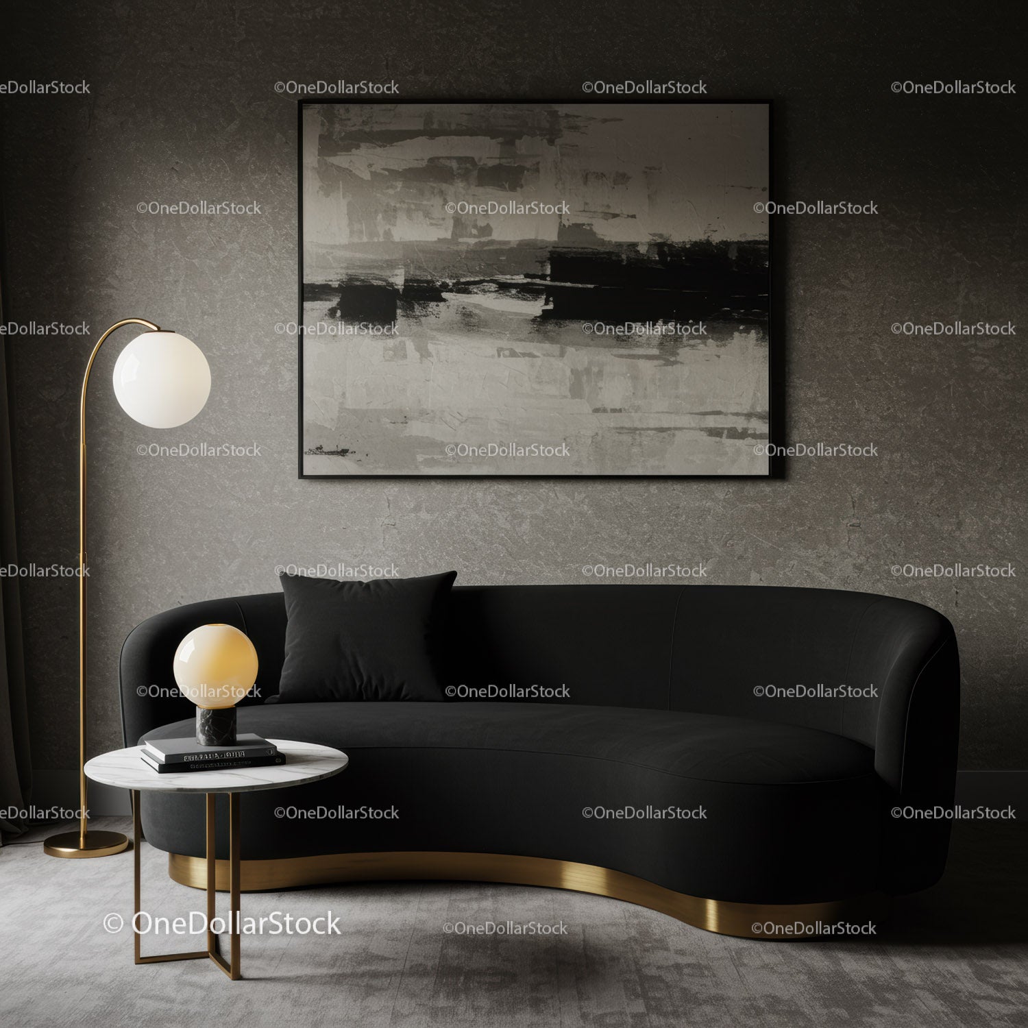 Modern black sofa with gold accents in cozy living room