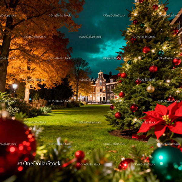 Festive Christmas tree glowing in historic city park