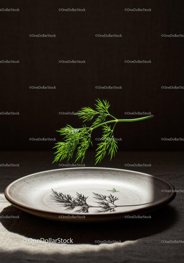 Świeży gałązka kopru rzucająca cień na ceramiczny talerz