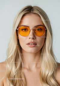 Stylish Woman Wearing Yellow Sunglasses and Blonde Hair
