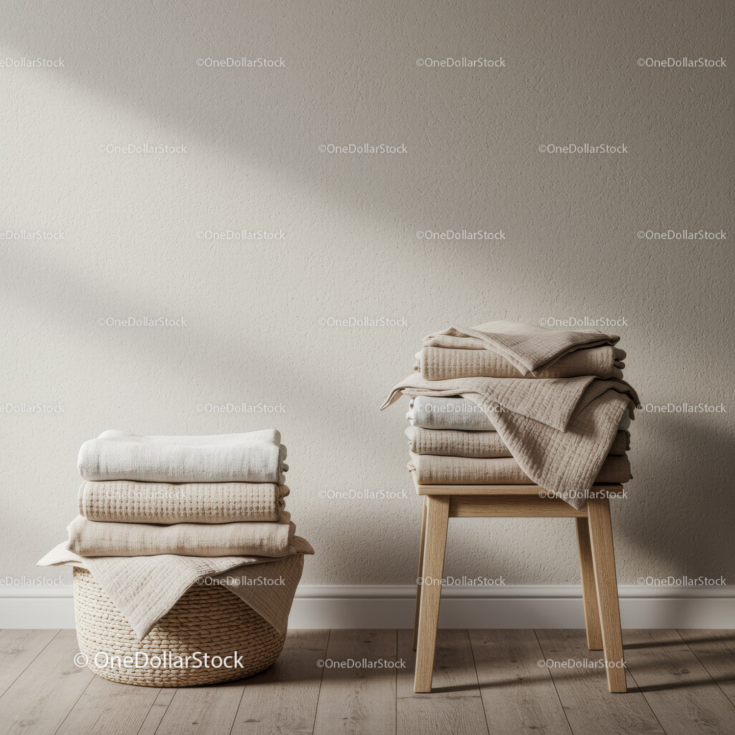 Neutral toned folded towels on basket and stool
