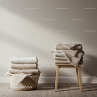 Neutral toned folded towels on basket and stool