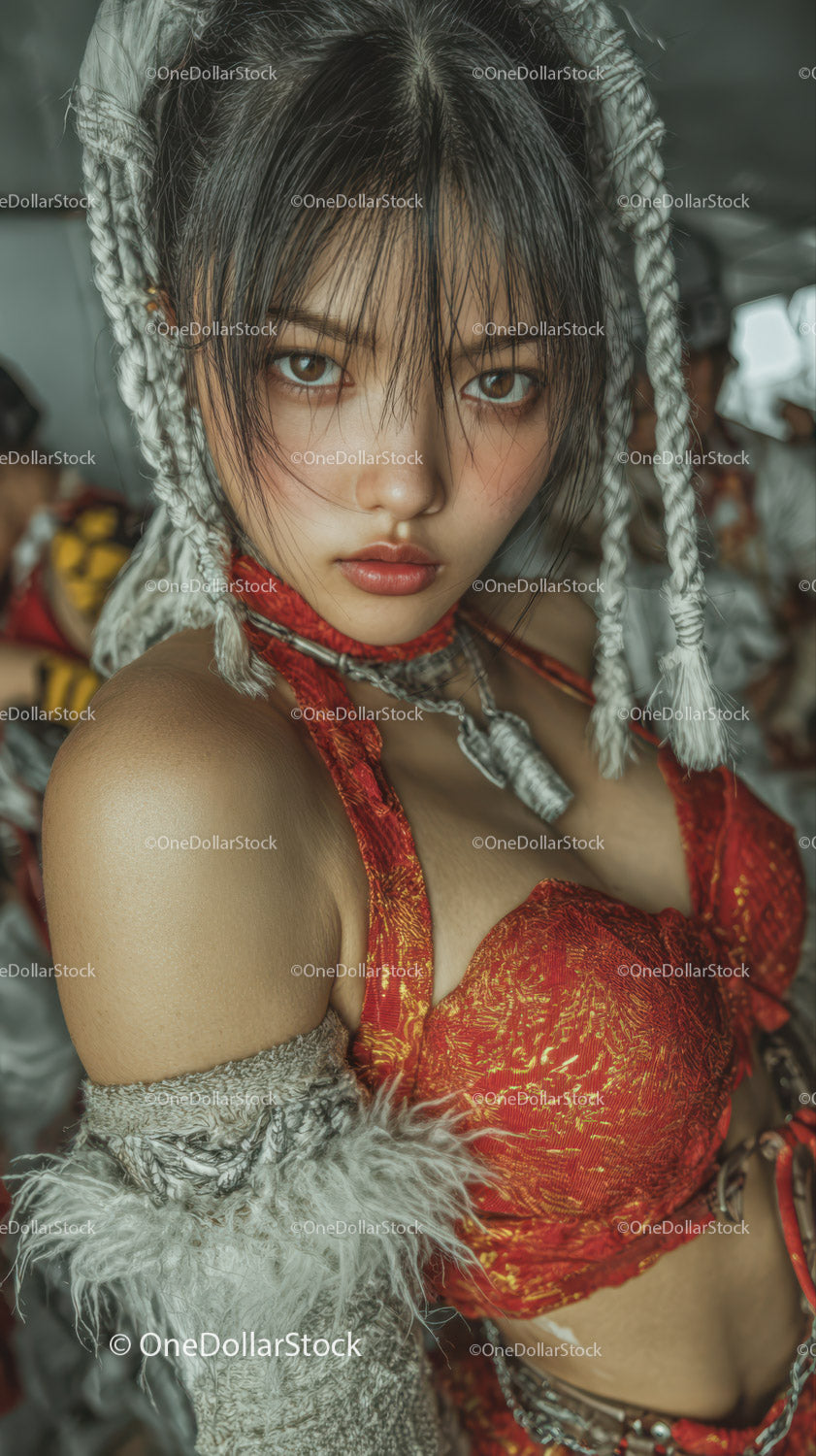 Striking Woman in Tribal Costume with Unique Accessories and Makeup