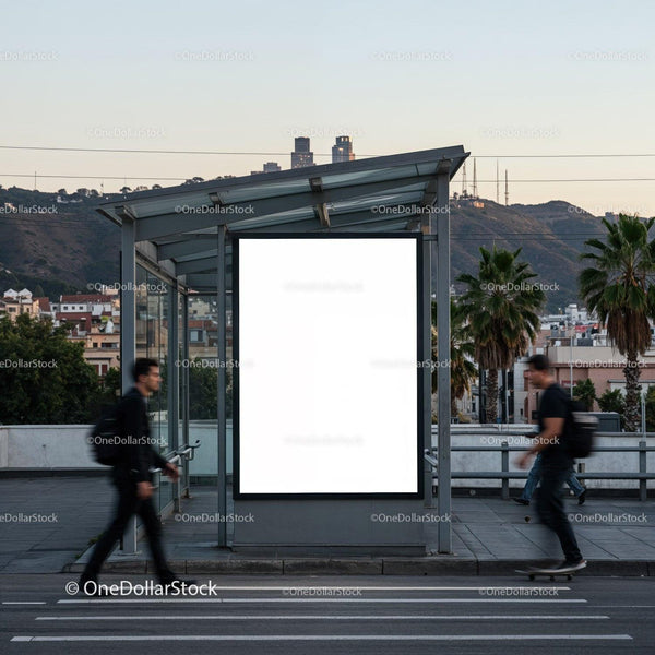 Urban bus stop with blank billboard and moving people JPG Mockup Image