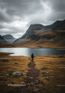 Majestic Mountain Lake Landscape with Overcast Sky and Solitary Hiker