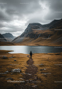Majestic Mountain Lake Landscape with Overcast Sky and Solitary Hiker