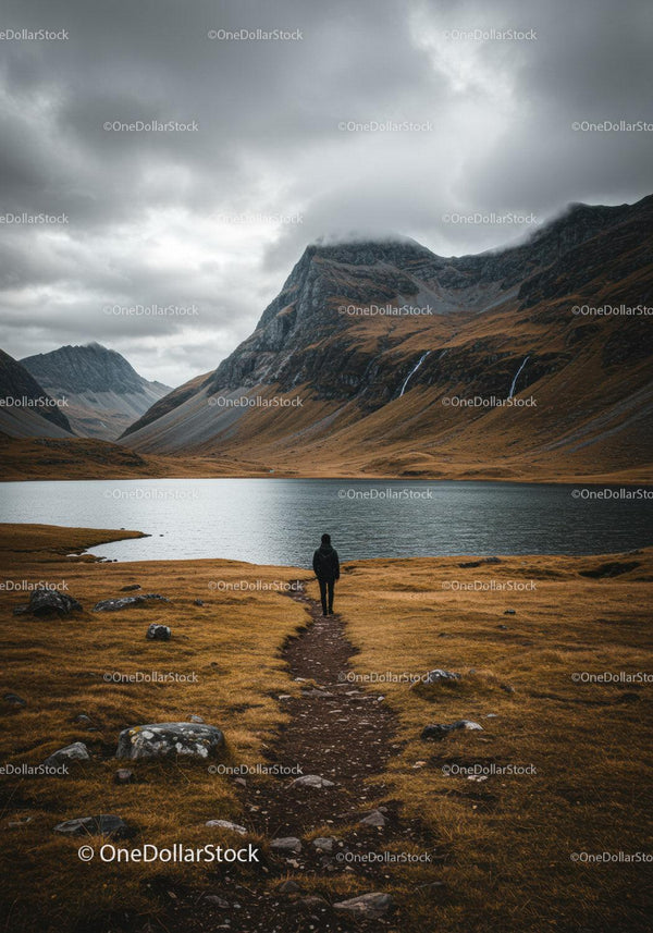 Majestic Mountain Lake Landscape with Overcast Sky and Solitary Hiker