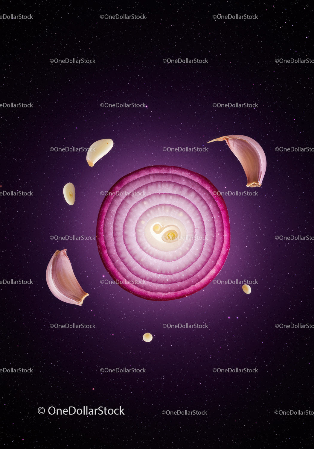 Sliced Red Onion and Garlic Cloves Floating on Purple Background