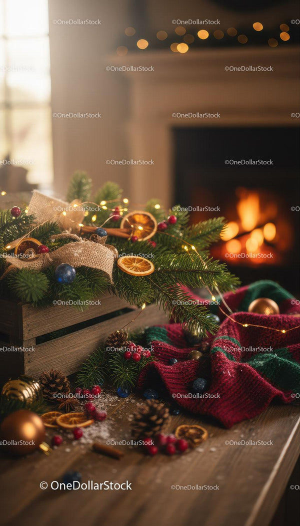 Cozy Christmas decor with pine and warm fireplace glow