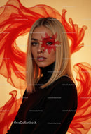Creative Artistic Makeup Portrait with Red Face Paint and Blonde Hair