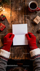 Hands in Red Mittens Holding Blank Christmas Card JPG Mockup Image preview