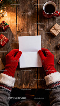 Hands in Red Mittens Holding Blank Christmas Card JPG Mockup Image preview