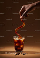 Refreshing iced coffee with swirling pour and coffee beans