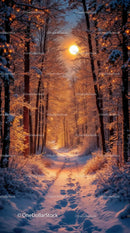 Snowy forest path glowing in warm sunset light