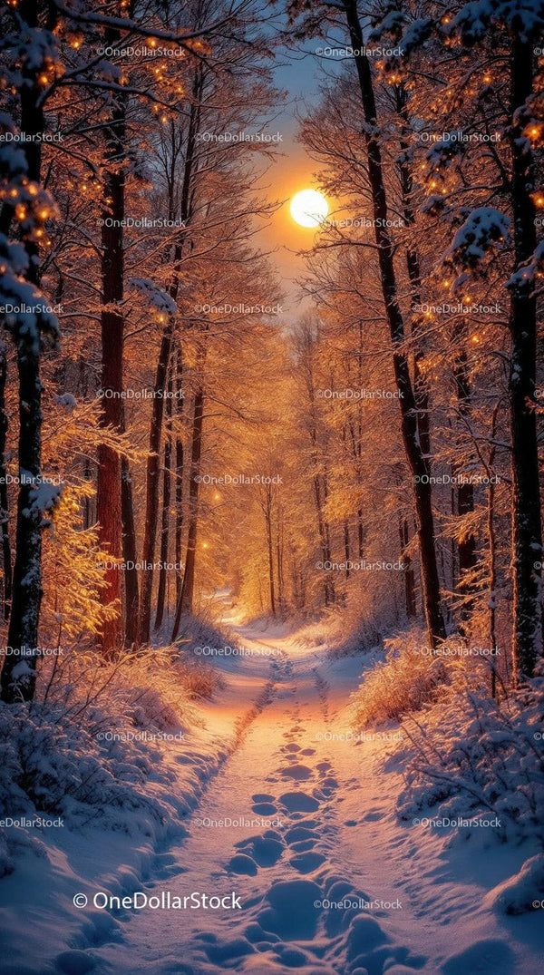 Snowy forest path glowing in warm sunset light