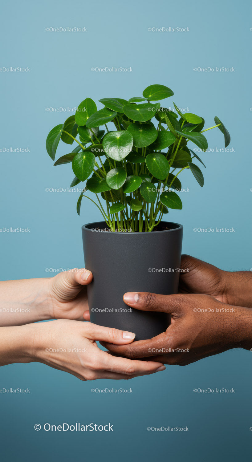Two people holding a potted green plant together
