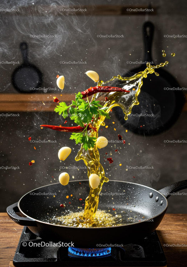 Fresh Ingredients Splashing Into Hot Pan With Olive Oil
