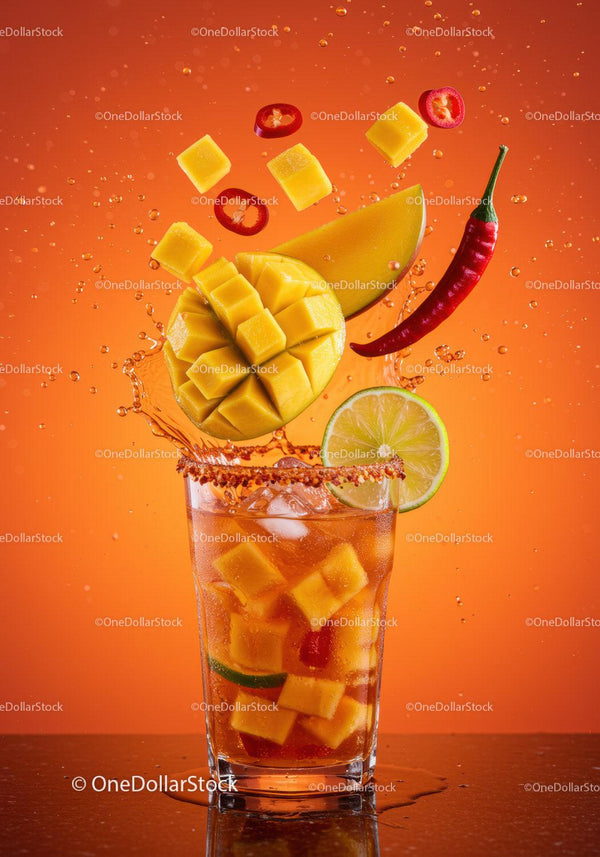 Refreshing mango chili cocktail with lime and ice splash