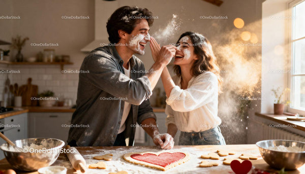 Couple Playfully Baking Heart-Shaped Cookies Together