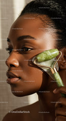 Elegant African Woman Using Jade Roller for Facial Skincare and Glowing Skin