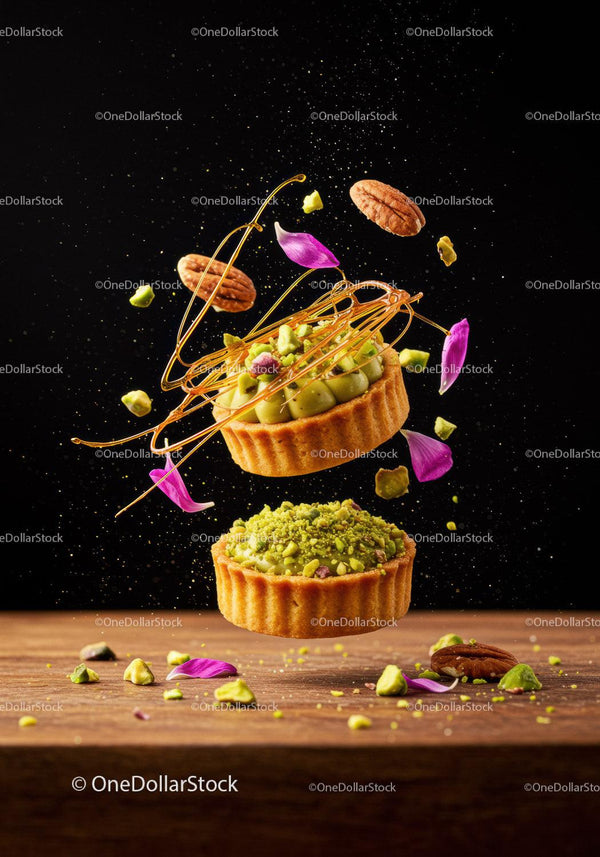 Pistachio Tarts with Caramel and Flower Petals in Air