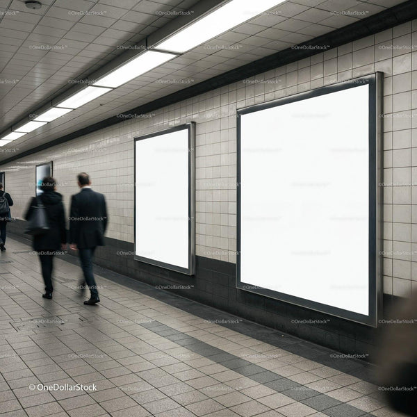 Empty advertising boards in busy subway corridor JPG Mockup Image