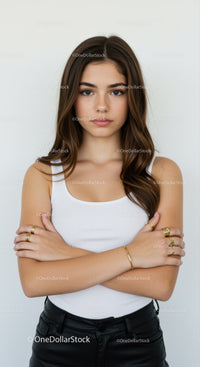 Confident Young Woman in White Tank Top with Gold Jewelry