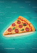 Slice of Pepperoni Pizza Floating on Blue Ocean Water