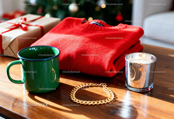 Cozy red sweater with gold bracelet on wooden table