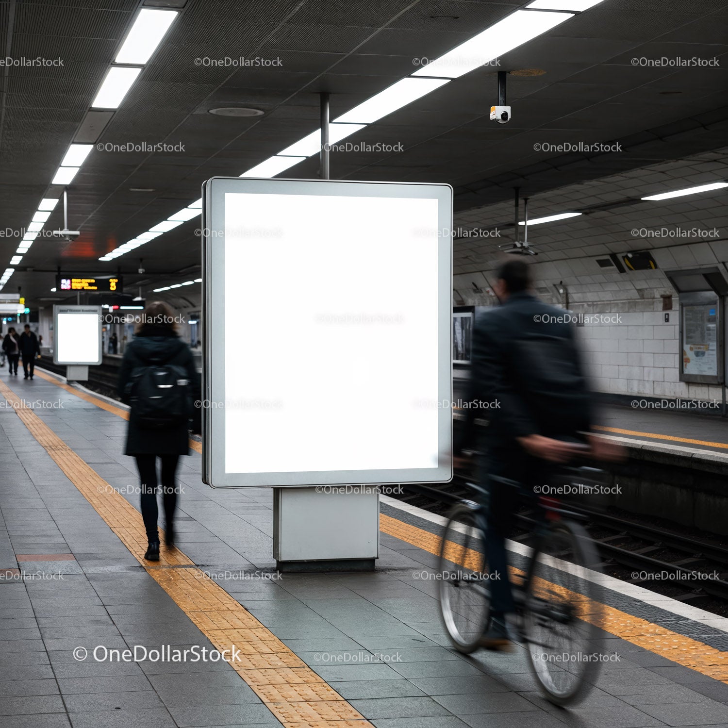 Empty Advertising Display in Busy Urban Subway Station