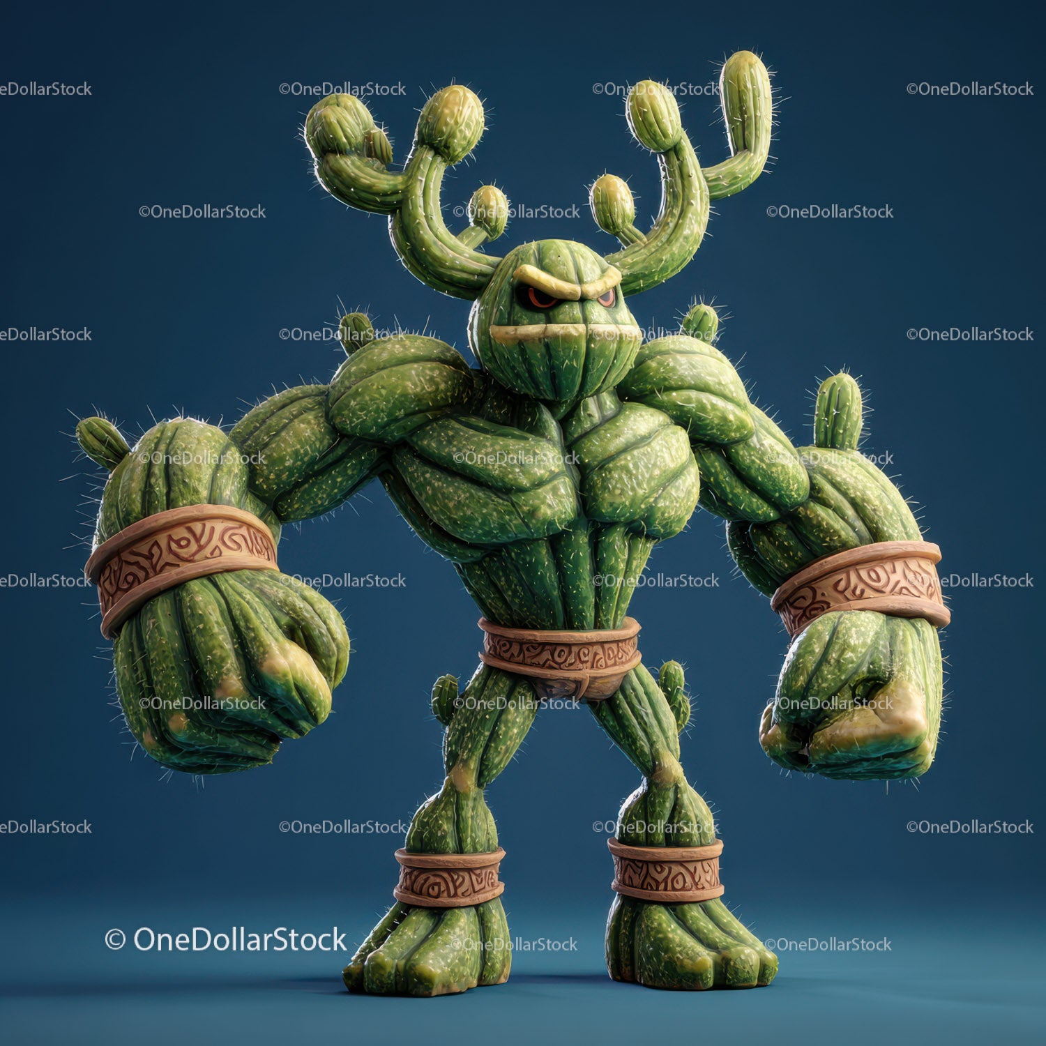 Vibrant Green Anthropomorphic Cactus Character with Muscular Build
