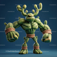 Vibrant Green Anthropomorphic Cactus Character with Muscular Build
