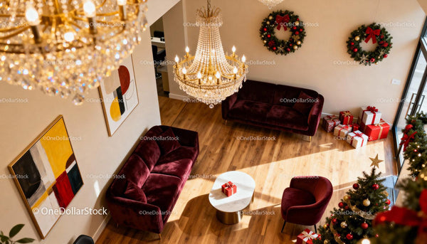 Cozy modern living room decorated for Christmas celebration