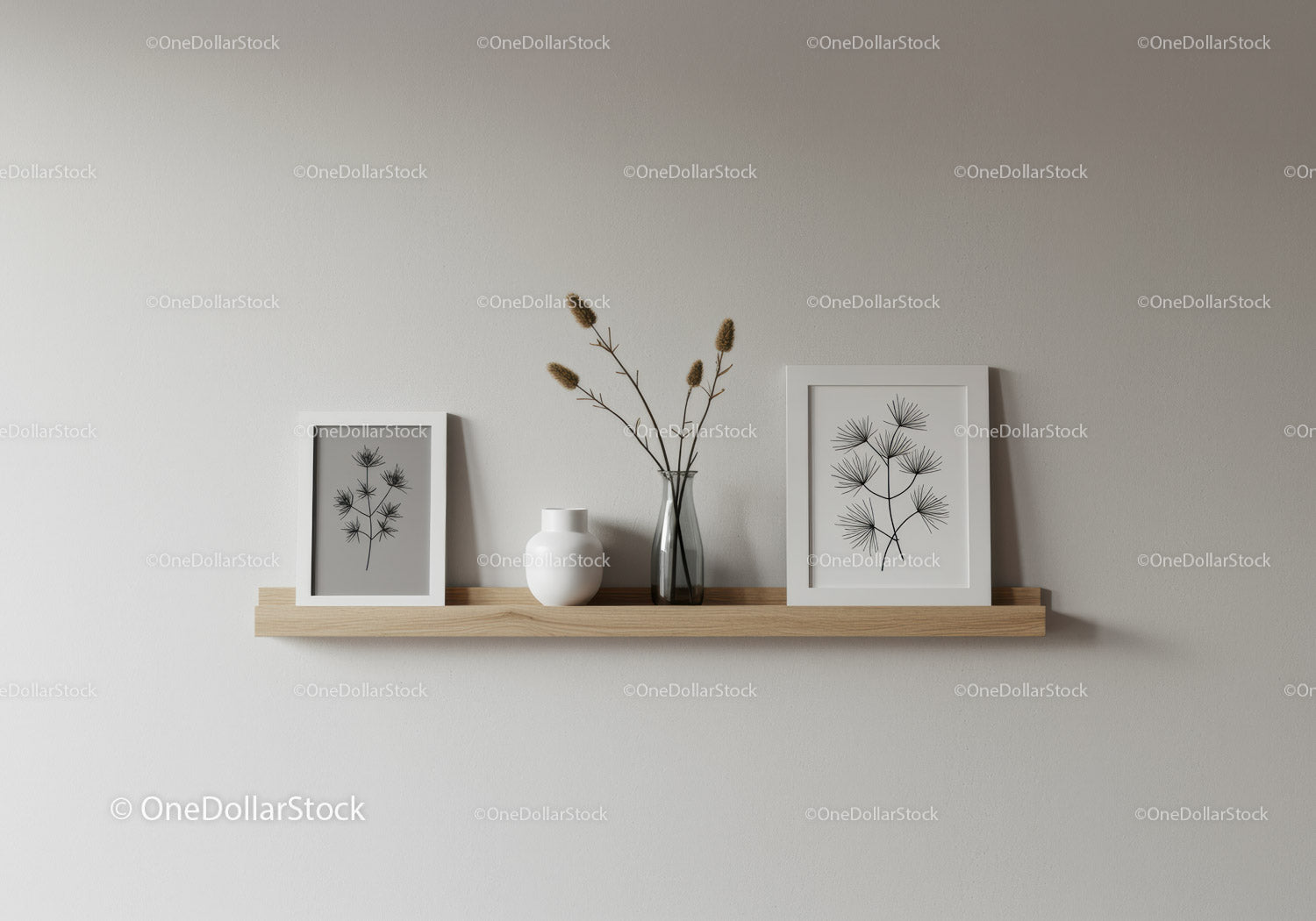 Minimalist Botanical Wall Art with Dried Flowers on Wooden Shelf
