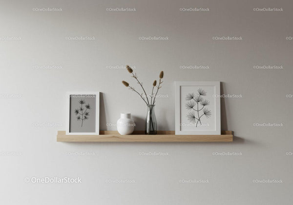 Minimalist Botanical Wall Art with Dried Flowers on Wooden Shelf