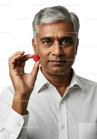 Smiling Indian Man Holding Raspberry in Front of White Background