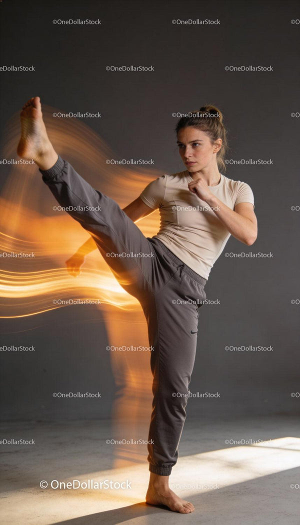 Focused young woman performing a high kick in studio