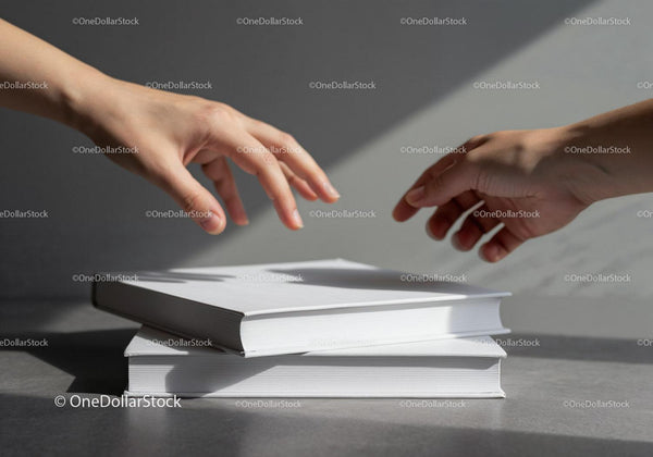 Two Hands Reaching for White Books on Table JPG Mockup Image