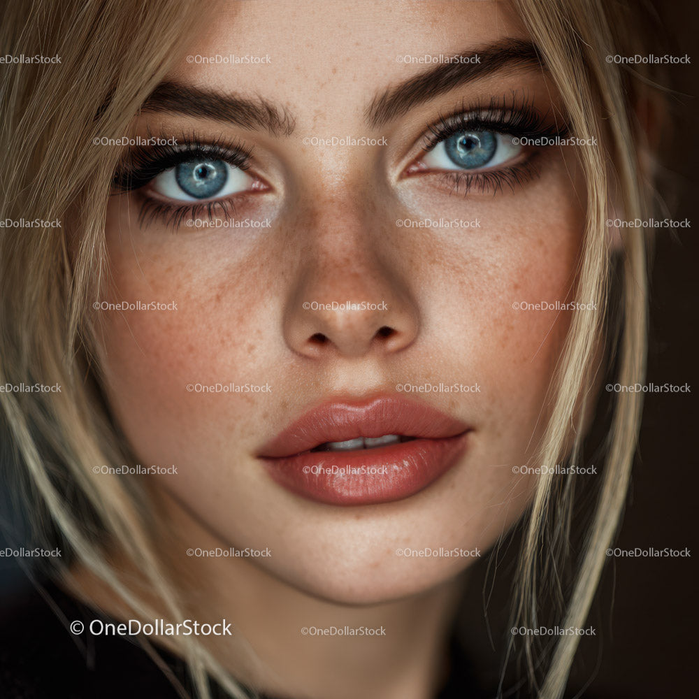 Portret kobiety z jasnoniebieskimi oczami i piegami