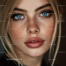 Close-Up Portrait of a Woman with Bright Blue Eyes and Freckles