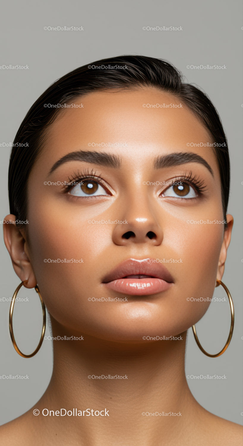Elegant Portrait of a Young Woman with Brown Eyes and Gold Earrings