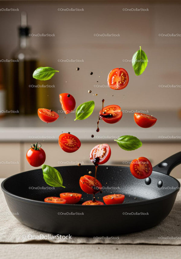 Fresh cherry tomatoes and basil leaves falling into pan