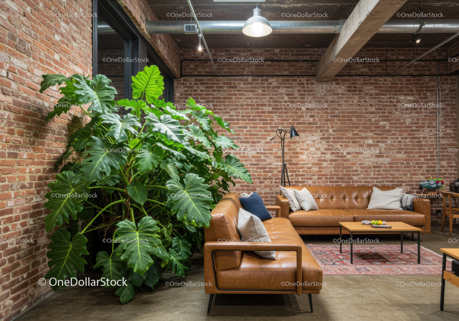 Contemporary Interior with Exposed Brick Wall and Green Monstera