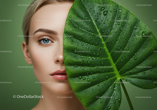 Close-up of a Woman's Face with Large Green Leaf and Water Droplets
