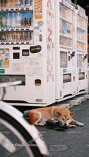Shiba Inu resting beside vintage vending machines in urban street